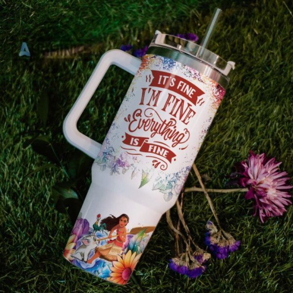 custom name its fine im fine moana colorful flower pattern 40oz stainless steel tumbler with handle and straw lid personalized stanley tumbler dupe 40 oz stainless steel travel cups laughinks 1 5