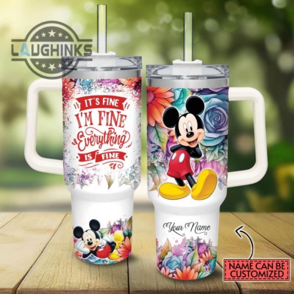 custom name its fine im fine mickey mouse colorful flower pattern 40oz stainless steel tumbler with handle and straw lid personalized stanley tumbler dupe 40 oz stainless steel travel cups laughinks 1