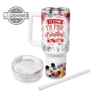 custom name its fine im fine mickey mouse colorful flower pattern 40oz stainless steel tumbler with handle and straw lid personalized stanley tumbler dupe 40 oz stainless steel travel cups laughinks 1 1