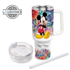custom name its fine im fine mickey mouse colorful flower pattern 40oz stainless steel tumbler with handle and straw lid personalized stanley tumbler dupe 40 oz stainless steel travel cups laughinks 1 2