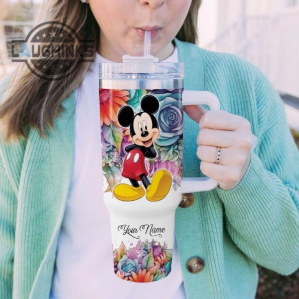 custom name its fine im fine mickey mouse colorful flower pattern 40oz stainless steel tumbler with handle and straw lid personalized stanley tumbler dupe 40 oz stainless steel travel cups laughinks 1 4