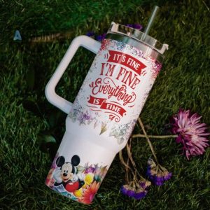 custom name its fine im fine mickey mouse colorful flower pattern 40oz stainless steel tumbler with handle and straw lid personalized stanley tumbler dupe 40 oz stainless steel travel cups laughinks 1 5
