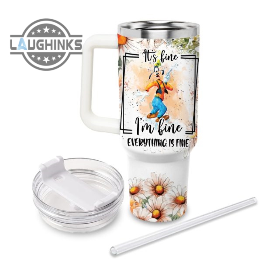 Custom Name Everything Is Fine Goofy Daisy Flower Pattern 40Oz Stainless Steel Tumbler With Handle And Straw Lid Personalized Stanley Tumbler Dupe 40 Oz Stainless Steel Travel Cups