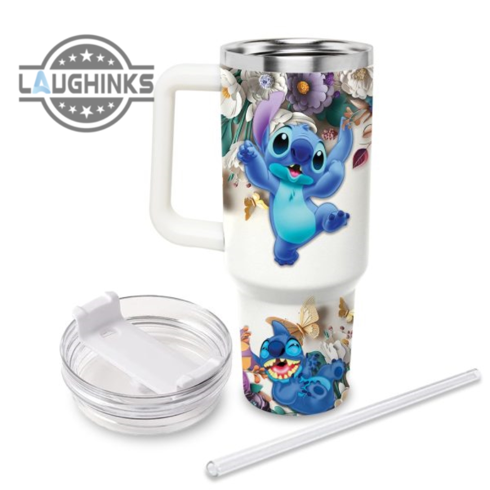 Custom Name Stitch 3D Colorful Flower Sublimation Pattern 40Oz Tumbler With Handle And Straw Lid Personalized Stanley Tumbler Dupe 40 Oz Stainless Steel Travel Cups