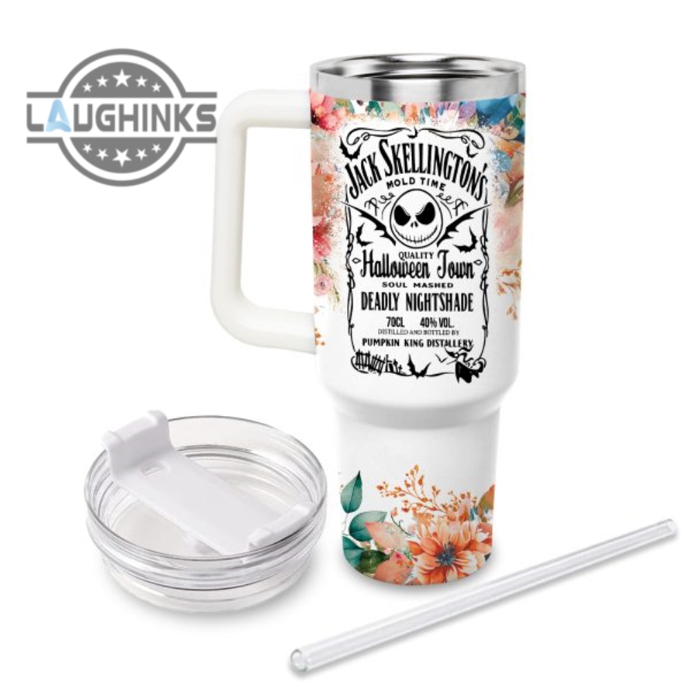 Custom Name Jack Skellington Halloween Town Flower Pattern 40Oz Tumbler With Handle And Straw Lid Personalized Stanley Tumbler Dupe 40 Oz Stainless Steel Travel Cups