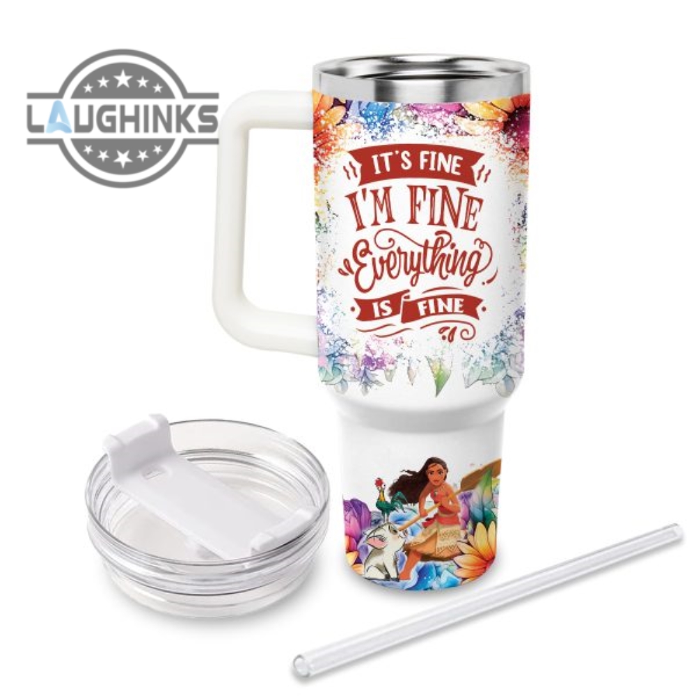 Custom Name Its Fine Im Fine Moana Colorful Flower Pattern 40Oz Stainless Steel Tumbler With Handle And Straw Lid Personalized Stanley Tumbler Dupe 40 Oz Stainless Steel Travel Cups