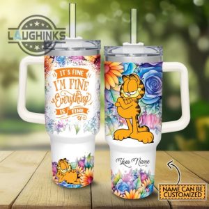 custom name its fine im fine garfield colorful flower pattern 40oz stainless steel tumbler with handle and straw lid personalized stanley tumbler dupe 40 oz stainless steel travel cups laughinks 1