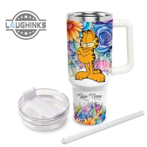 custom name its fine im fine garfield colorful flower pattern 40oz stainless steel tumbler with handle and straw lid personalized stanley tumbler dupe 40 oz stainless steel travel cups laughinks 1 2