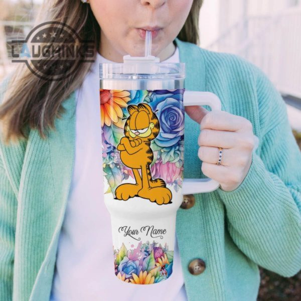 custom name its fine im fine garfield colorful flower pattern 40oz stainless steel tumbler with handle and straw lid personalized stanley tumbler dupe 40 oz stainless steel travel cups laughinks 1 4