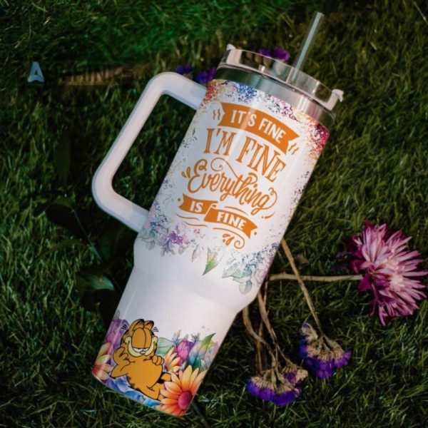 custom name its fine im fine garfield colorful flower pattern 40oz stainless steel tumbler with handle and straw lid personalized stanley tumbler dupe 40 oz stainless steel travel cups laughinks 1 5