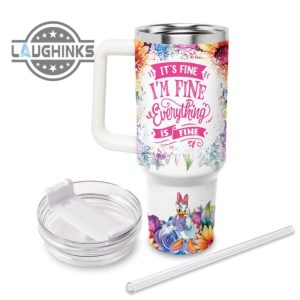 custom name its fine im fine daisy duck colorful flower pattern 40oz stainless steel tumbler with handle and straw lid personalized stanley tumbler dupe 40 oz stainless steel travel cups laughinks 1 1