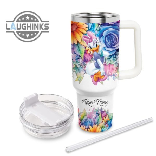 custom name its fine im fine daisy duck colorful flower pattern 40oz stainless steel tumbler with handle and straw lid personalized stanley tumbler dupe 40 oz stainless steel travel cups laughinks 1 2