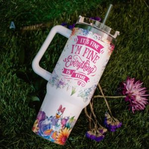 custom name its fine im fine daisy duck colorful flower pattern 40oz stainless steel tumbler with handle and straw lid personalized stanley tumbler dupe 40 oz stainless steel travel cups laughinks 1 5