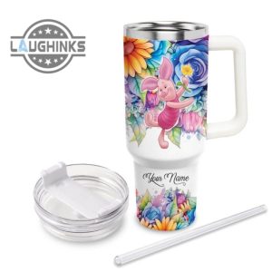custom name its fine im fine piglet colorful flower pattern 40oz stainless steel tumbler with handle and straw lid personalized stanley tumbler dupe 40 oz stainless steel travel cups laughinks 1 2