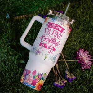 custom name its fine im fine piglet colorful flower pattern 40oz stainless steel tumbler with handle and straw lid personalized stanley tumbler dupe 40 oz stainless steel travel cups laughinks 1 5