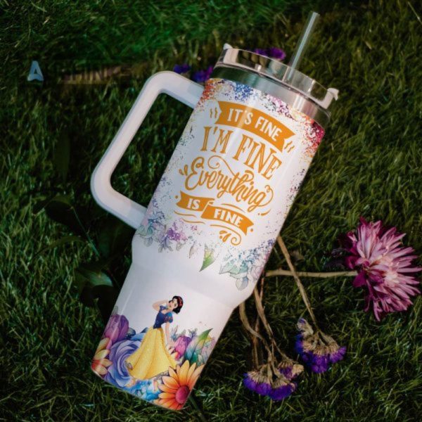 custom name its fine im fine snow white colorful flower pattern 40oz stainless steel tumbler with handle and straw lid personalized stanley tumbler dupe 40 oz stainless steel travel cups laughinks 1 5