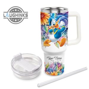 custom name its fine im fine donald duck colorful flower pattern 40oz stainless steel tumbler with handle and straw lid personalized stanley tumbler dupe 40 oz stainless steel travel cups laughinks 1 2