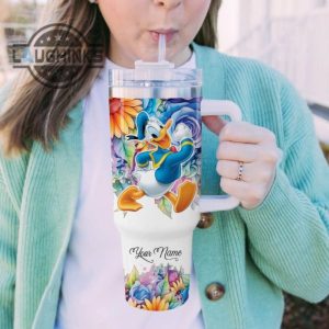 custom name its fine im fine donald duck colorful flower pattern 40oz stainless steel tumbler with handle and straw lid personalized stanley tumbler dupe 40 oz stainless steel travel cups laughinks 1 4