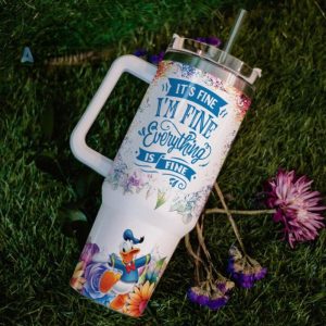 custom name its fine im fine donald duck colorful flower pattern 40oz stainless steel tumbler with handle and straw lid personalized stanley tumbler dupe 40 oz stainless steel travel cups laughinks 1 5