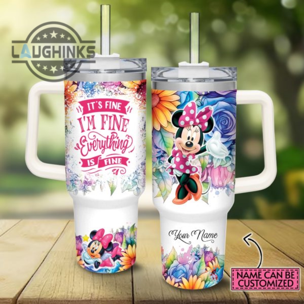 custom name its fine im fine minnie mouse colorful flower pattern 40oz stainless steel tumbler with handle and straw lid personalized stanley tumbler dupe 40 oz stainless steel travel cups laughinks 1