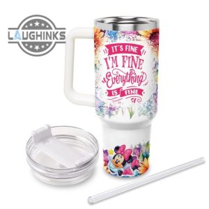 custom name its fine im fine minnie mouse colorful flower pattern 40oz stainless steel tumbler with handle and straw lid personalized stanley tumbler dupe 40 oz stainless steel travel cups laughinks 1 1