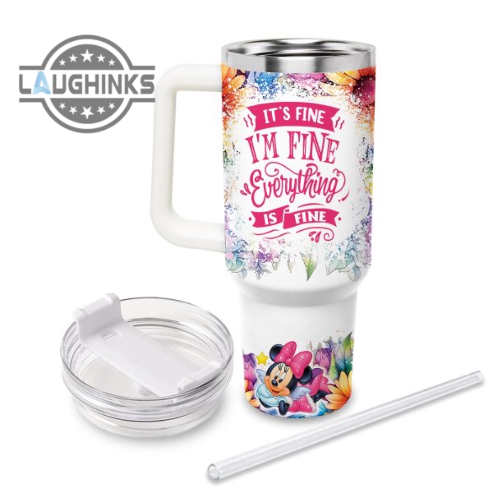 Custom Name Its Fine Im Fine Minnie Mouse Colorful Flower Pattern 40Oz Stainless Steel Tumbler With Handle And Straw Lid Personalized Stanley Tumbler Dupe 40 Oz Stainless Steel Travel Cups