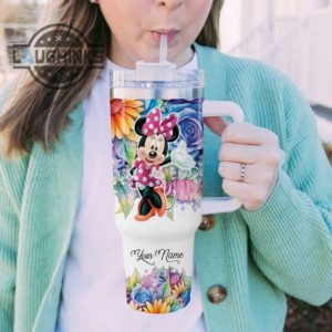 custom name its fine im fine minnie mouse colorful flower pattern 40oz stainless steel tumbler with handle and straw lid personalized stanley tumbler dupe 40 oz stainless steel travel cups laughinks 1 4