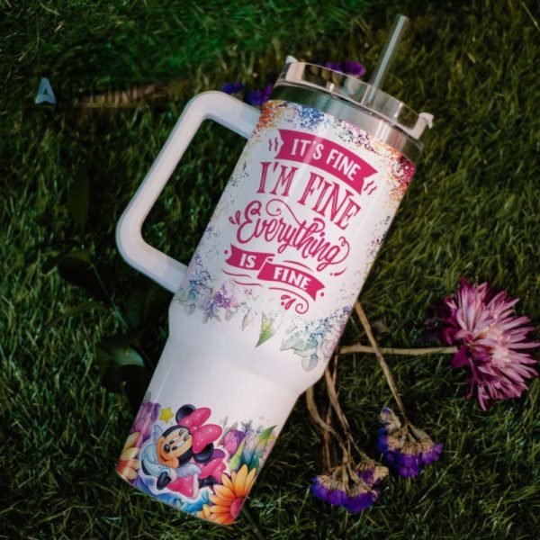 custom name its fine im fine minnie mouse colorful flower pattern 40oz stainless steel tumbler with handle and straw lid personalized stanley tumbler dupe 40 oz stainless steel travel cups laughinks 1 5