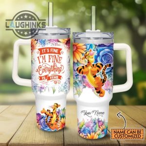 custom name its fine im fine tigger colorful flower pattern 40oz stainless steel tumbler with handle and straw lid personalized stanley tumbler dupe 40 oz stainless steel travel cups laughinks 1