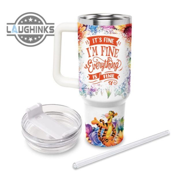 custom name its fine im fine tigger colorful flower pattern 40oz stainless steel tumbler with handle and straw lid personalized stanley tumbler dupe 40 oz stainless steel travel cups laughinks 1 1