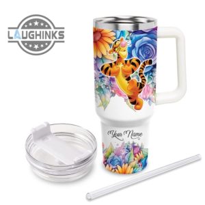 custom name its fine im fine tigger colorful flower pattern 40oz stainless steel tumbler with handle and straw lid personalized stanley tumbler dupe 40 oz stainless steel travel cups laughinks 1 2