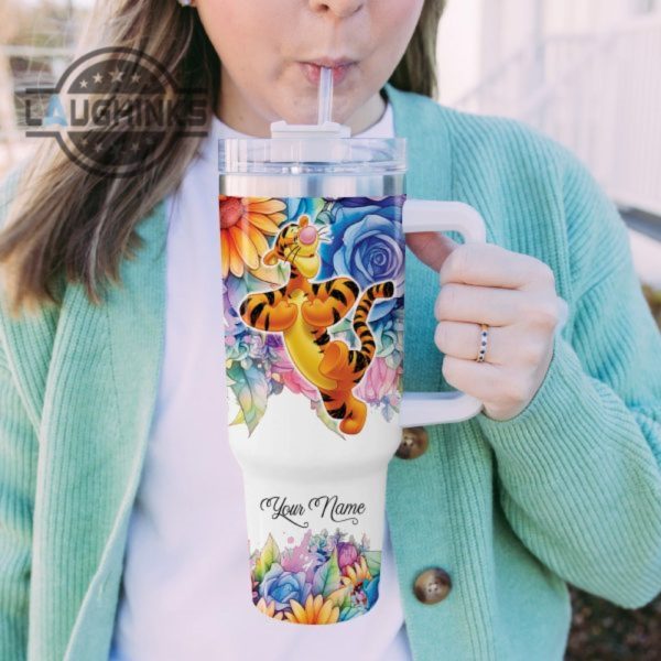 custom name its fine im fine tigger colorful flower pattern 40oz stainless steel tumbler with handle and straw lid personalized stanley tumbler dupe 40 oz stainless steel travel cups laughinks 1 4