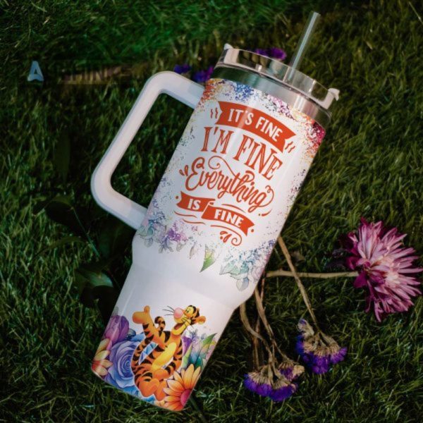 custom name its fine im fine tigger colorful flower pattern 40oz stainless steel tumbler with handle and straw lid personalized stanley tumbler dupe 40 oz stainless steel travel cups laughinks 1 5