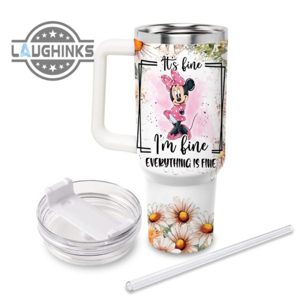 Custom Name Everything Is Fine Minnie Mouse Daisy Flower Pattern 40Oz Stainless Steel Tumbler With Handle And Straw Lid Personalized Stanley Tumbler Dupe 40 Oz Stainless Steel Travel Cups
