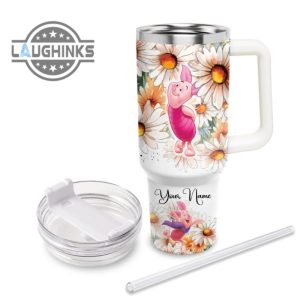 custom name everything is fine piglet daisy flower pattern 40oz stainless steel tumbler with handle and straw lid personalized stanley tumbler dupe 40 oz stainless steel travel cups laughinks 1 2