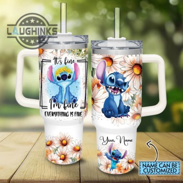 custom name everything is fine stitch daisy flower pattern 40oz stainless steel tumbler with handle and straw lid personalized stanley tumbler dupe 40 oz stainless steel travel cups laughinks 1