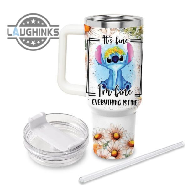 custom name everything is fine stitch daisy flower pattern 40oz stainless steel tumbler with handle and straw lid personalized stanley tumbler dupe 40 oz stainless steel travel cups laughinks 1 1