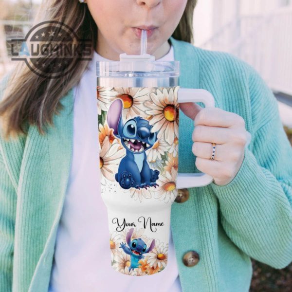 custom name everything is fine stitch daisy flower pattern 40oz stainless steel tumbler with handle and straw lid personalized stanley tumbler dupe 40 oz stainless steel travel cups laughinks 1 4