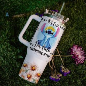 custom name everything is fine stitch daisy flower pattern 40oz stainless steel tumbler with handle and straw lid personalized stanley tumbler dupe 40 oz stainless steel travel cups laughinks 1 5