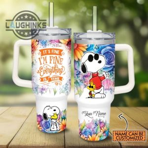 custom name its fine im fine snoopy colorful flower pattern 40oz stainless steel tumbler with handle and straw lid personalized stanley tumbler dupe 40 oz stainless steel travel cups laughinks 1