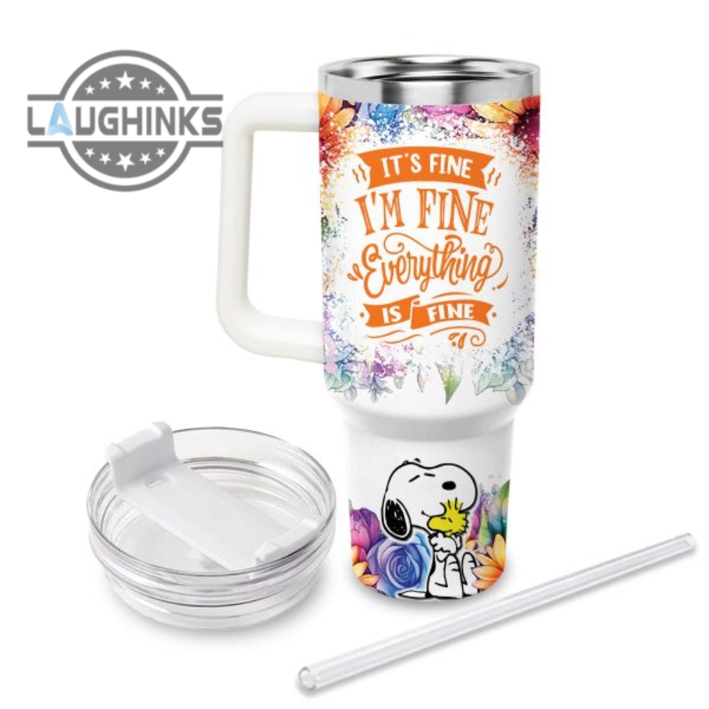 Custom Name Its Fine Im Fine Snoopy Colorful Flower Pattern 40Oz Stainless Steel Tumbler With Handle And Straw Lid Personalized Stanley Tumbler Dupe 40 Oz Stainless Steel Travel Cups