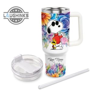 custom name its fine im fine snoopy colorful flower pattern 40oz stainless steel tumbler with handle and straw lid personalized stanley tumbler dupe 40 oz stainless steel travel cups laughinks 1 2
