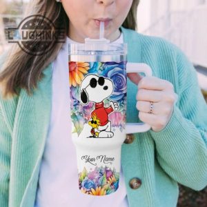 custom name its fine im fine snoopy colorful flower pattern 40oz stainless steel tumbler with handle and straw lid personalized stanley tumbler dupe 40 oz stainless steel travel cups laughinks 1 4