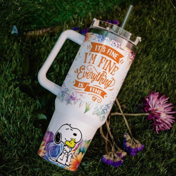 custom name its fine im fine snoopy colorful flower pattern 40oz stainless steel tumbler with handle and straw lid personalized stanley tumbler dupe 40 oz stainless steel travel cups laughinks 1 5