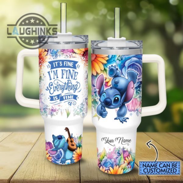 custom name its fine im fine stitch colorful flower pattern 40oz stainless steel tumbler with handle and straw lid personalized stanley tumbler dupe 40 oz stainless steel travel cups laughinks 1