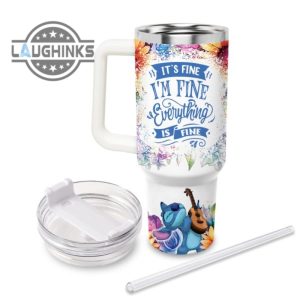 custom name its fine im fine stitch colorful flower pattern 40oz stainless steel tumbler with handle and straw lid personalized stanley tumbler dupe 40 oz stainless steel travel cups laughinks 1 1