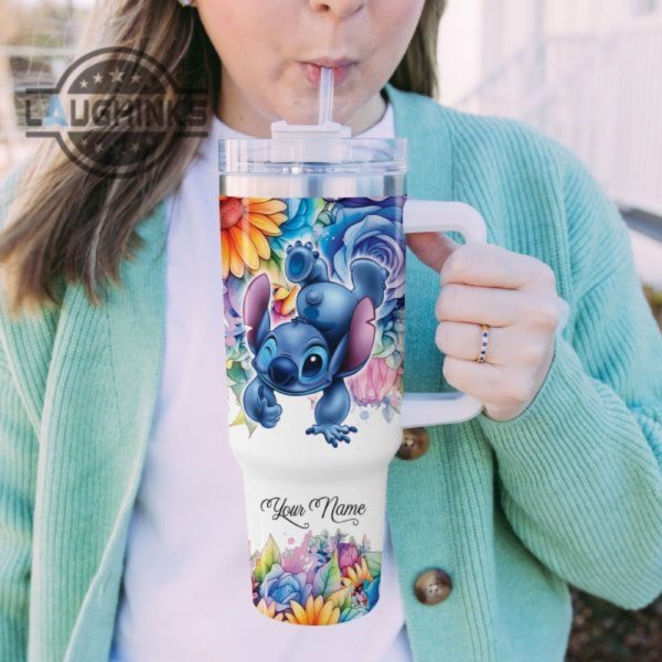 custom name its fine im fine stitch colorful flower pattern 40oz stainless steel tumbler with handle and straw lid personalized stanley tumbler dupe 40 oz stainless steel travel cups laughinks 1 4