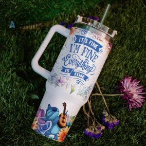 custom name its fine im fine stitch colorful flower pattern 40oz stainless steel tumbler with handle and straw lid personalized stanley tumbler dupe 40 oz stainless steel travel cups laughinks 1 5
