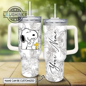 custom name snoopy sketch flower pattern white 40oz stainless steel tumbler with handle and straw lid personalized stanley tumbler dupe 40 oz stainless steel travel cups laughinks 1