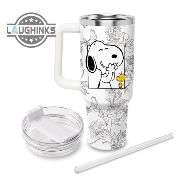 custom name snoopy sketch flower pattern white 40oz stainless steel tumbler with handle and straw lid personalized stanley tumbler dupe 40 oz stainless steel travel cups laughinks 1 1